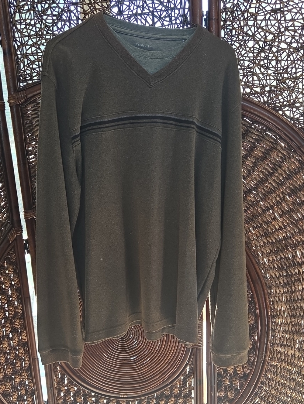 Van Heusen Men's V-Neck Sweater in Olive with Dark Stripe